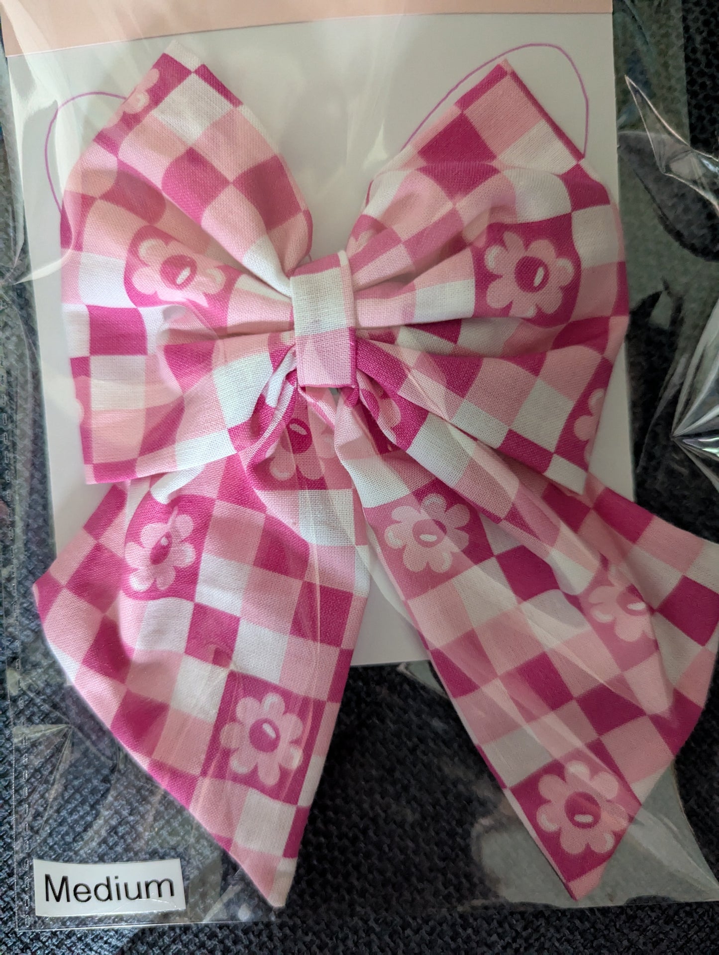 Pink checkered flower fabric bow -medium